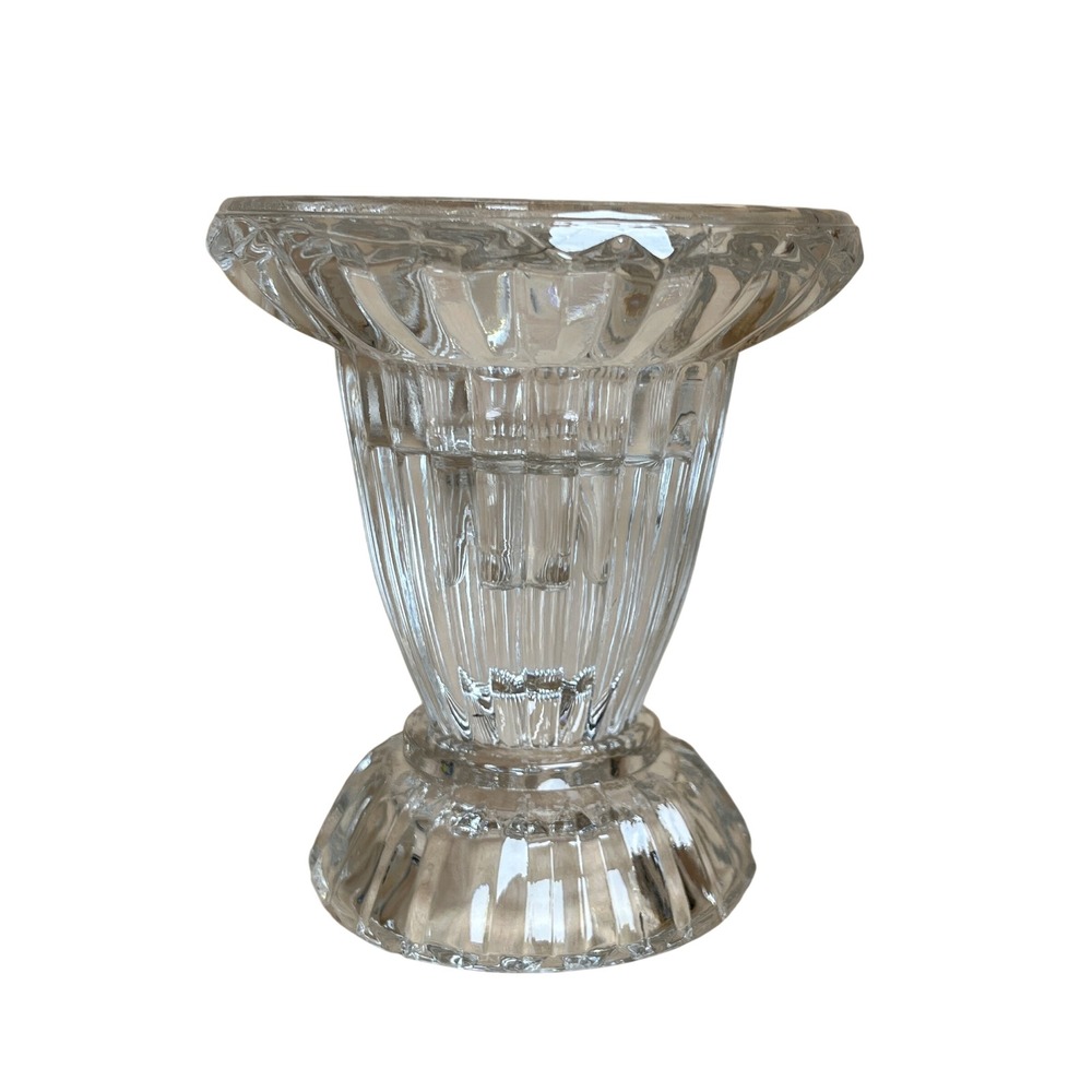 Vintage Clear Ribbed Pressed Glass Taper Candlestick Holder Scalloped Pedestal